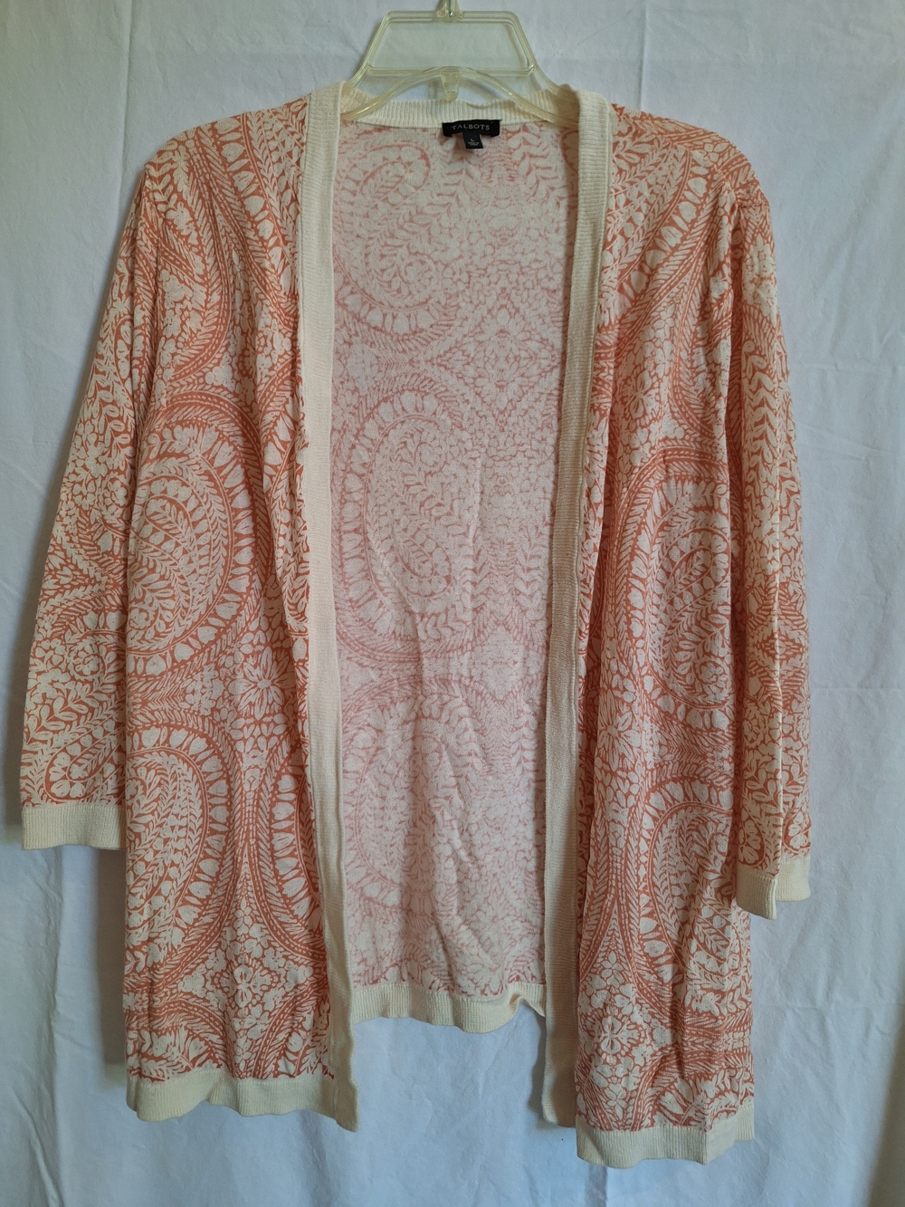 Talbots Coral Paisley Open-Front Sweater Cardigan